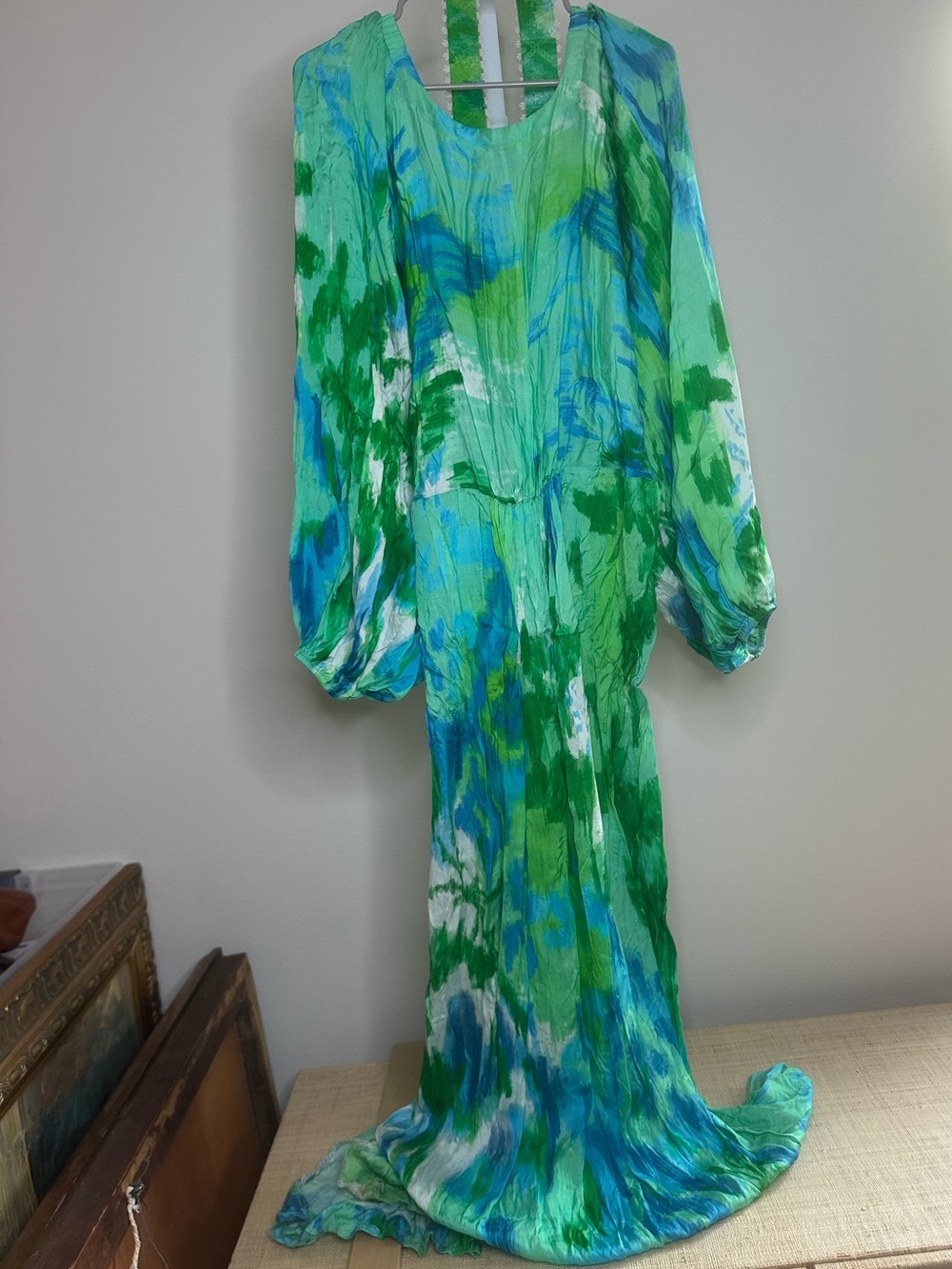 HEMANT & NANDITA Blue Green Abstract Print Maxi Dress with Beaded Neckline - Picture 4 of 9